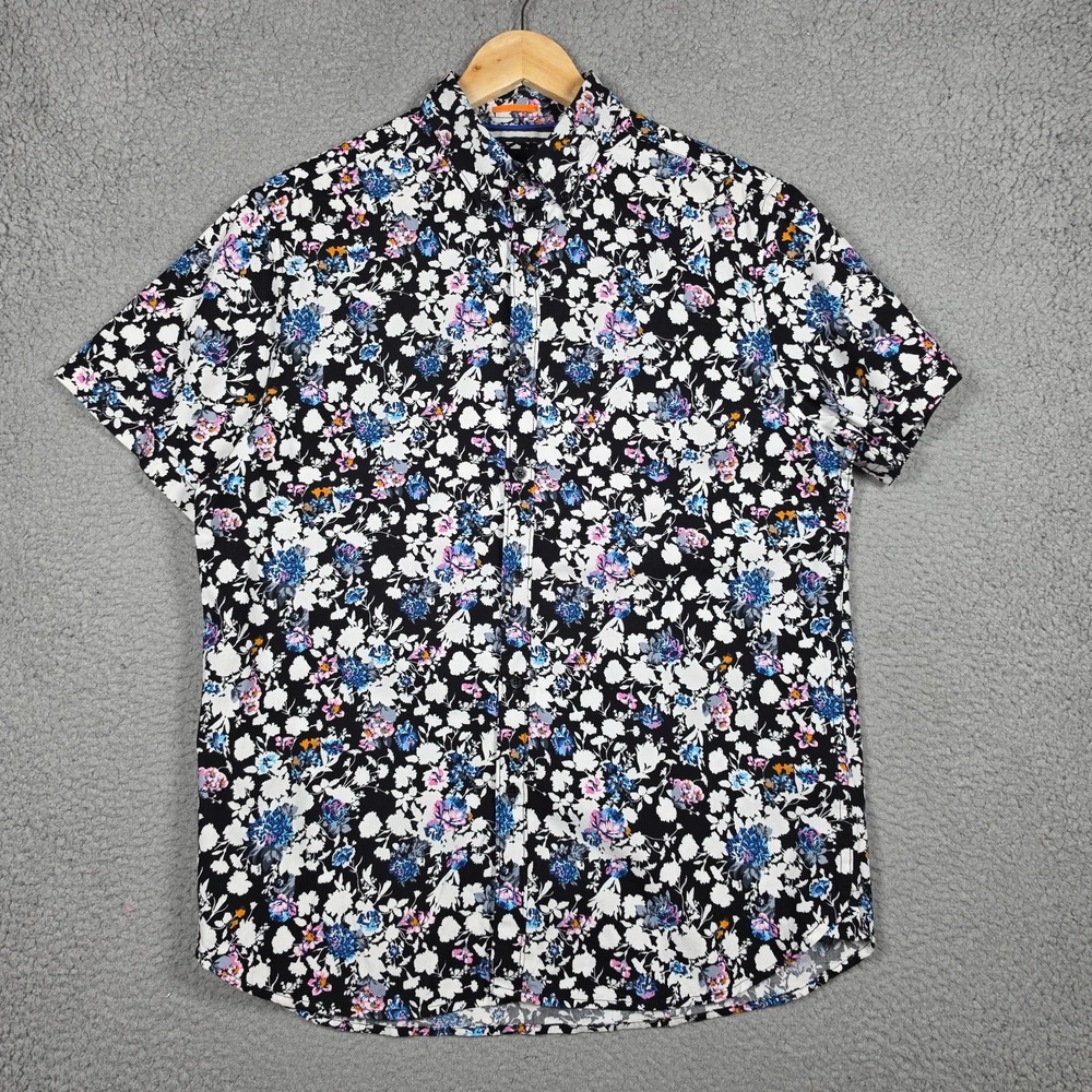Denim And Flower Shirt Size Medium Dark Floral Slim Fit 100% Cotton Summer S/S